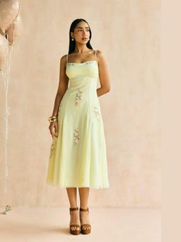 Lea Clothing - Buttercup Yellow Embroidered Godet Dress