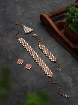PAYA - Kundan-Pink Stone Choker Necklace Set with Bracelet
