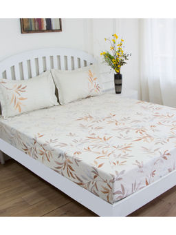 GM - Grey Brown Floral 180 TC Cotton Queen Bedsheet with 2 Pillow Covers (Set of 3)