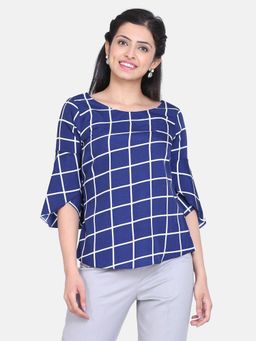 Powersutra - Windowpane Check Crepe Top - Royal Navy Blue
