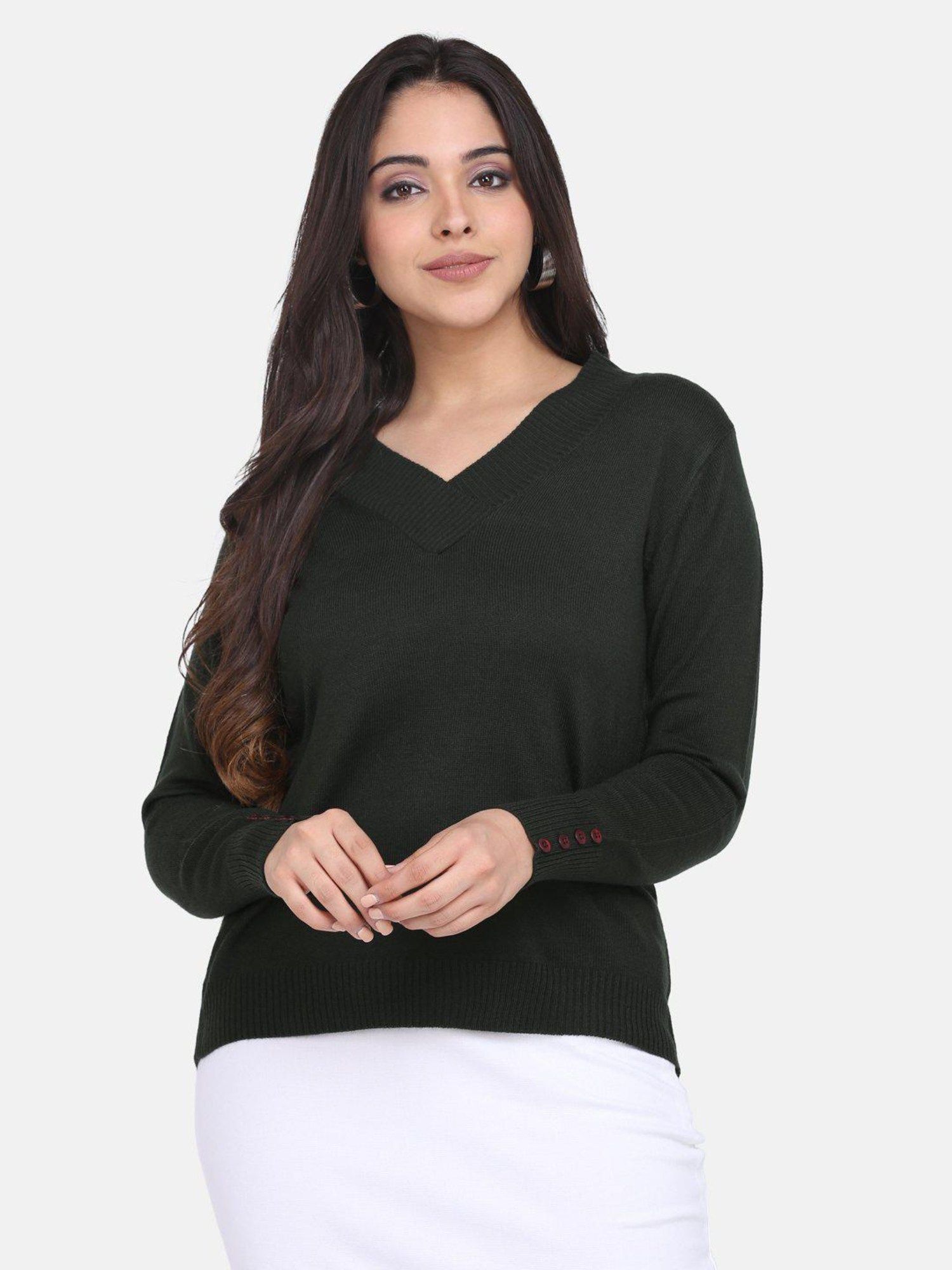 V Neck Pullover Bottle Green-image-0