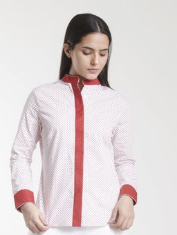 Powersutra - Mandarin Collar Cotton Shirt White and Red