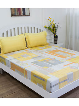 GM - Yellow Grey Geometric 144 TC Cotton Queen Bedsheet with 2 Pillow Covers (Set of 3)