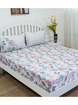 GM - Off-White Blue Floral 144 TC Cotton Queen Bedsheet with 2 Pillow Covers (Set of 3)