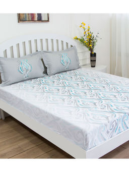 GM - White Grey Abstract 144 TC Cotton Queen Bedsheet with 2 Pillow Covers (Set of 3)