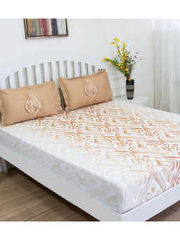 GM - Brown White Abstract 144 TC Cotton Queen Bedsheet with 2 Pillow Covers (Set of 3)