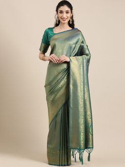 Akhilam - Teal Green Festive Silk Blend Woven Design Saree With Unstitched Blouse