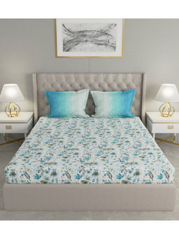 GM - Blue Off-White Floral 144 TC Cotton Double Queen Bedsheet with 2 Pillow Covers (Set of 3)