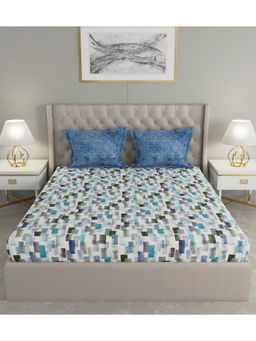 GM - Blue Grey Geometric 180 TC Cotton 1 Extra Large Bedsheet with 2 Pillow Covers (Set of 3)