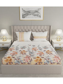 GM - White Orange Floral 180 TC Cotton 1 Extra Large Bedsheet with 2 Pillow Covers (Set of 3)