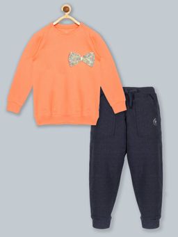 KiddoPanti - Girls Sweatshirt with Bow Applique - Solid Fleece Trackpants (Set of 2)