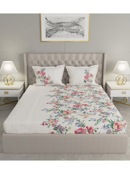 GM - White Orange Floral 180 TC Cotton 1 Extra Large Bedsheet with 2 Pillow Covers (Set of 3)