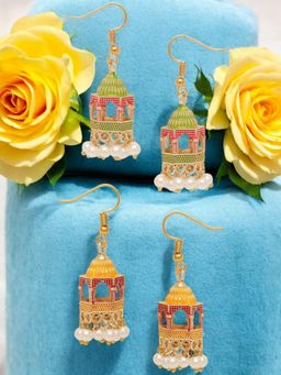 OOMPH - Meenakari Small Jhumka Earrings - Green and Yellow Palki Design (Pack of 2)