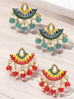OOMPH - Meenakari Ethnic Drop Earrings - Green and Red Floral (Pack of 2)