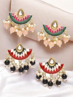 OOMPH - Meenakari Ethnic Drop Earrings - Light Pink and Red Black Floral (Pack of 2)