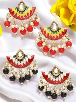 OOMPH - Meenakari Ethnic Drop Earrings - Red and Black Floral (Pack of 2)