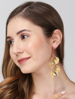 OOMPH - Gold Cluster Leaves Drop Earrings - Bold Gold Look - Long Fishhook Design