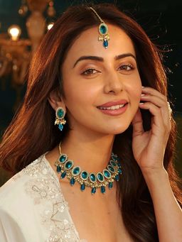 Accessher - Silver Oval-Sapphire Diamond American Diamond Pearl Maangtikka and Earring (Set of 3)