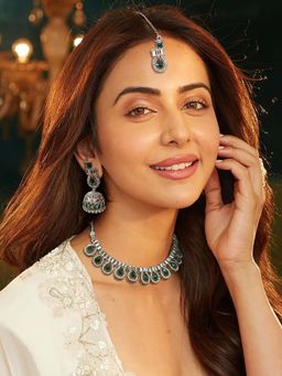 Accessher - Silver American Diamond and Emerald Green Necklace Maangtikka and Earring (Set of 3)