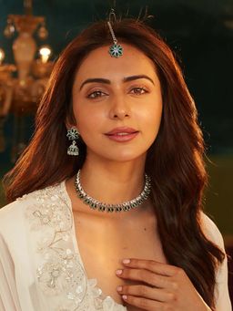 Accessher - Silver Neckchain- Dark Green White American Diamond Maangtikka and Earrings (Set of 3)