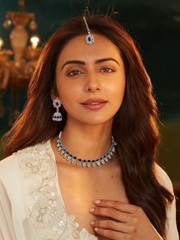 Accessher - Silver Neckchain Peacock Sapphire American Diamonds Maangtikka and Earring (Set of 3)