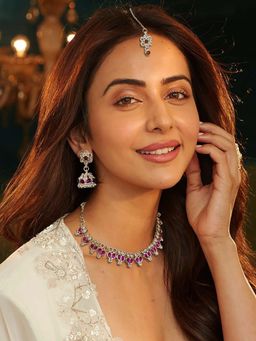 Accessher - Silver Tone Neckchain Violet and White American Diamond Maangtikka and Earring (Set of 3)