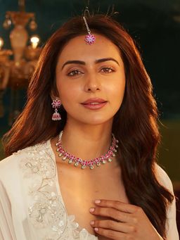 Accessher - Silver Neckchain Floral Pink American Diamond Matching Maangtikka and Earring (Set of 3)