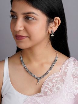 Teejh - Silver and White Jade Oxidised Necklace and Earrings (Set of 2)