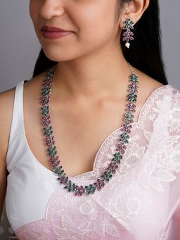 Teejh - Silver and Emerald Oxidised Necklace and Earrings (Set of 2)