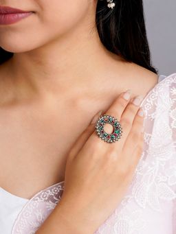 Teejh - Nila Silver Oxidised Red and Green Stone Ring