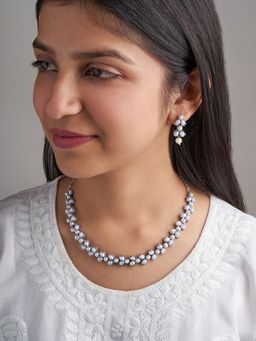 Teejh - Chaand Silver Oxidised Pearl Necklace and Earrings (Set of 2)