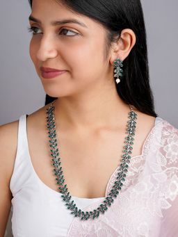 Teejh - Silver and Green Oxidised Necklace and Earrings (Set of 2)