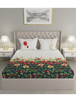 GM - White Green Floral 210 TC Cotton 1 Double King Bedsheet with 2 Pillow Covers (Set of 3)