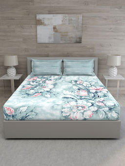GM - Blue Floral 144 TC Cotton Queen Bedsheet with 2 Pillow Covers (Set of 3)