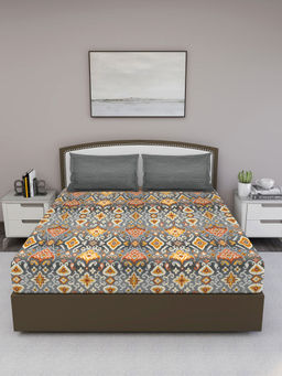 GM - Grey Yellow Ethnic Motifs 210 TC Cotton King Bedsheet with 2 Pillow Covers (Set of 3)