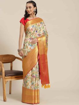Silk Land - Banarasi Art Silk Floral Printed Saree with Unstitched Blouse Piece Beige with Unstitched