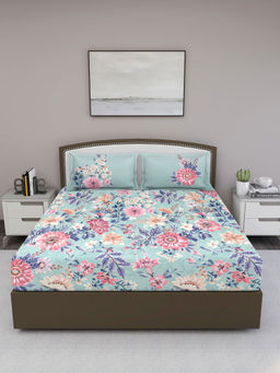 GM - Blue Floral 180 TC Cotton Queen Bedsheet with 2 Pillow Covers (Set of 3)