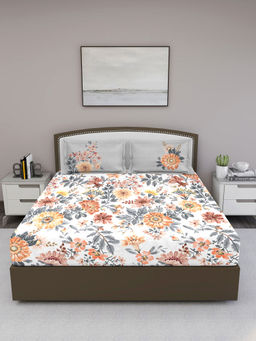 GM - Grey White Floral 180 TC Cotton Queen Bedsheet with 2 Pillow Covers (Set of 3)