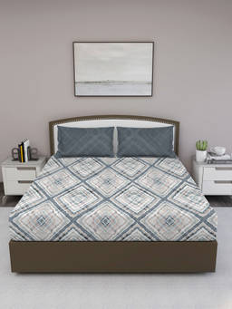 GM - Grey Geometric 210 TC Cotton King Bedsheet with 2 Pillow Covers (Set of 3)