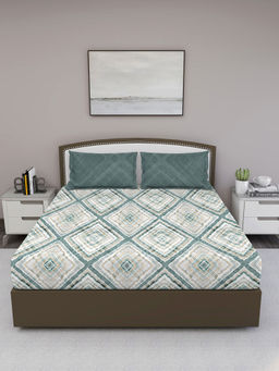 GM - Green White Geometric 210 TC Cotton King Bedsheet with 2 Pillow Covers (Set of 3)
