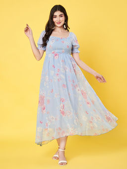 ANVI Be Yourself - Women Floral Printed Light Blue Chiffon Fit and Flare Dress