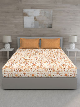 GM - Orange Floral 144 TC Cotton Queen Bedsheet with 2 Pillow Covers (Set of 3)