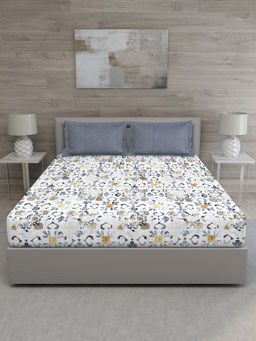 GM - Blue Yellow Floral 144 TC Cotton Queen Bedsheet with 2 Pillow Covers (Set of 3)