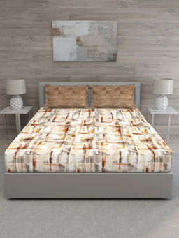 GM - Brown Cream-Coloured Abstract 144 TC Cotton Queen Bedsheet with 2 Pillow Covers (Set of 3)