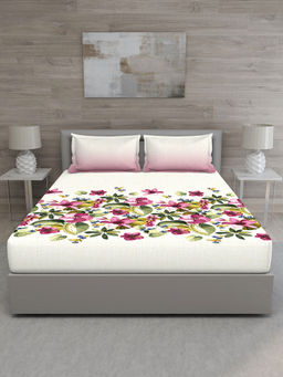 GM - Pink Green Floral 144 TC Queen Bedsheet with 2 Pillow Covers (Set of 3)