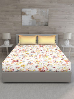 GM - White Orange Floral 144 TC Queen Bedsheet with 2 Pillow Covers (Set of 3)