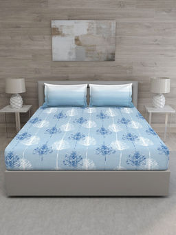 GM - Blue White Floral 144 TC King Bedsheet with 2 Pillow Covers (Set of 3)