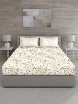 GM - White Coffee Brown Floral 144 TC King Bedsheet with 2 Pillow Covers (Set of 3)