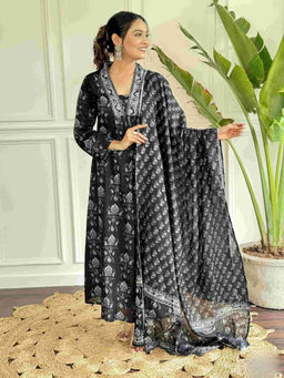 Odette - Black Cotton Blend Printed Stitched Kurta & Pant with Dupatta (Set of 3)