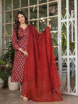 Odette - Maroon Cotton Blend Printed Stitched Kurta & Pant with Dupatta (Set of 3)